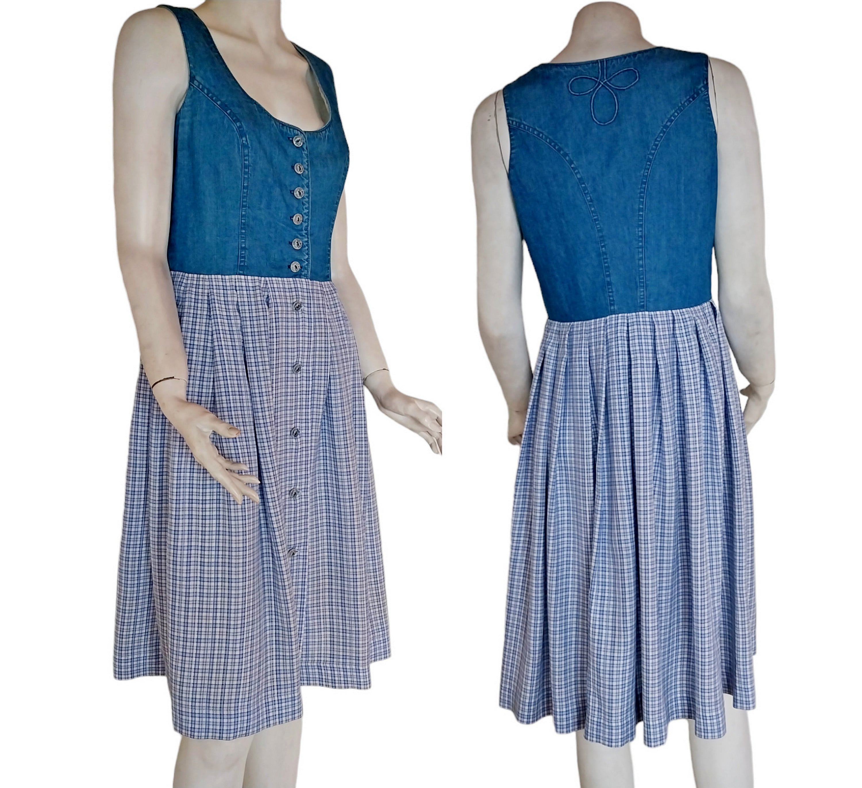 Vintage Austrian dirndl dress with denim bodice and blue plaid pleated skirt, front and back view