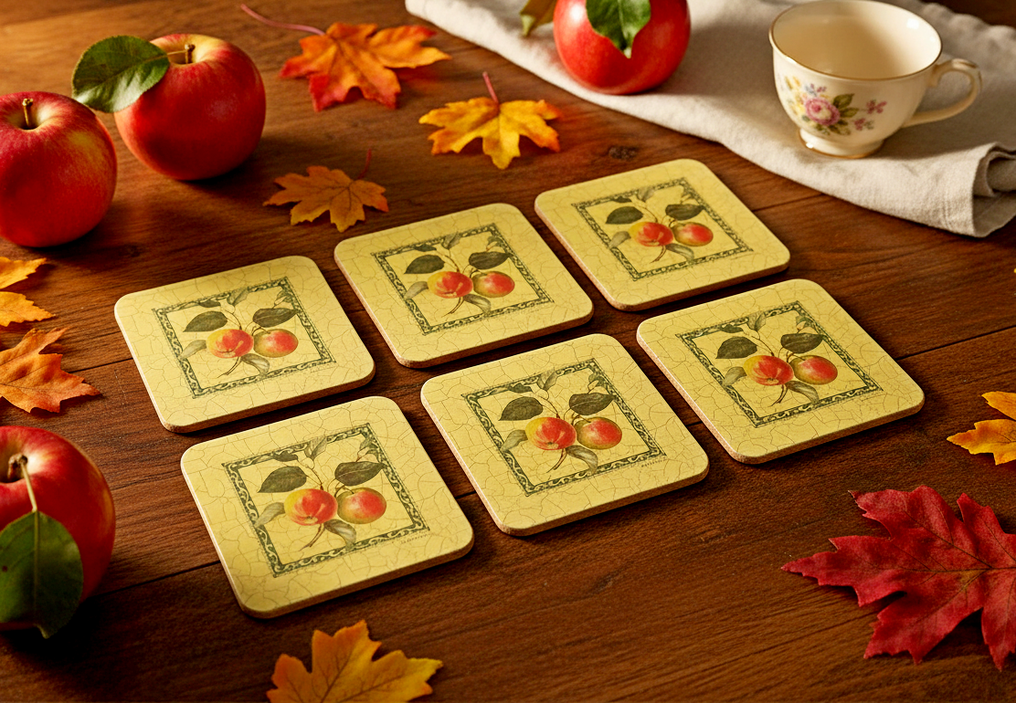Vintage Pimpernel Cork Coasters – Set of 6, Apple Botanical Illustration