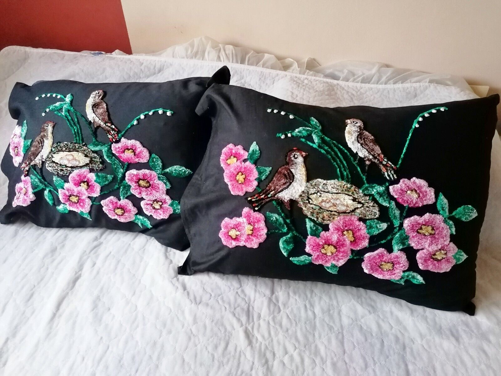 Two uniquely beautiful vintage pillowcases, Decorative pillowcases with handmade velvet decoration