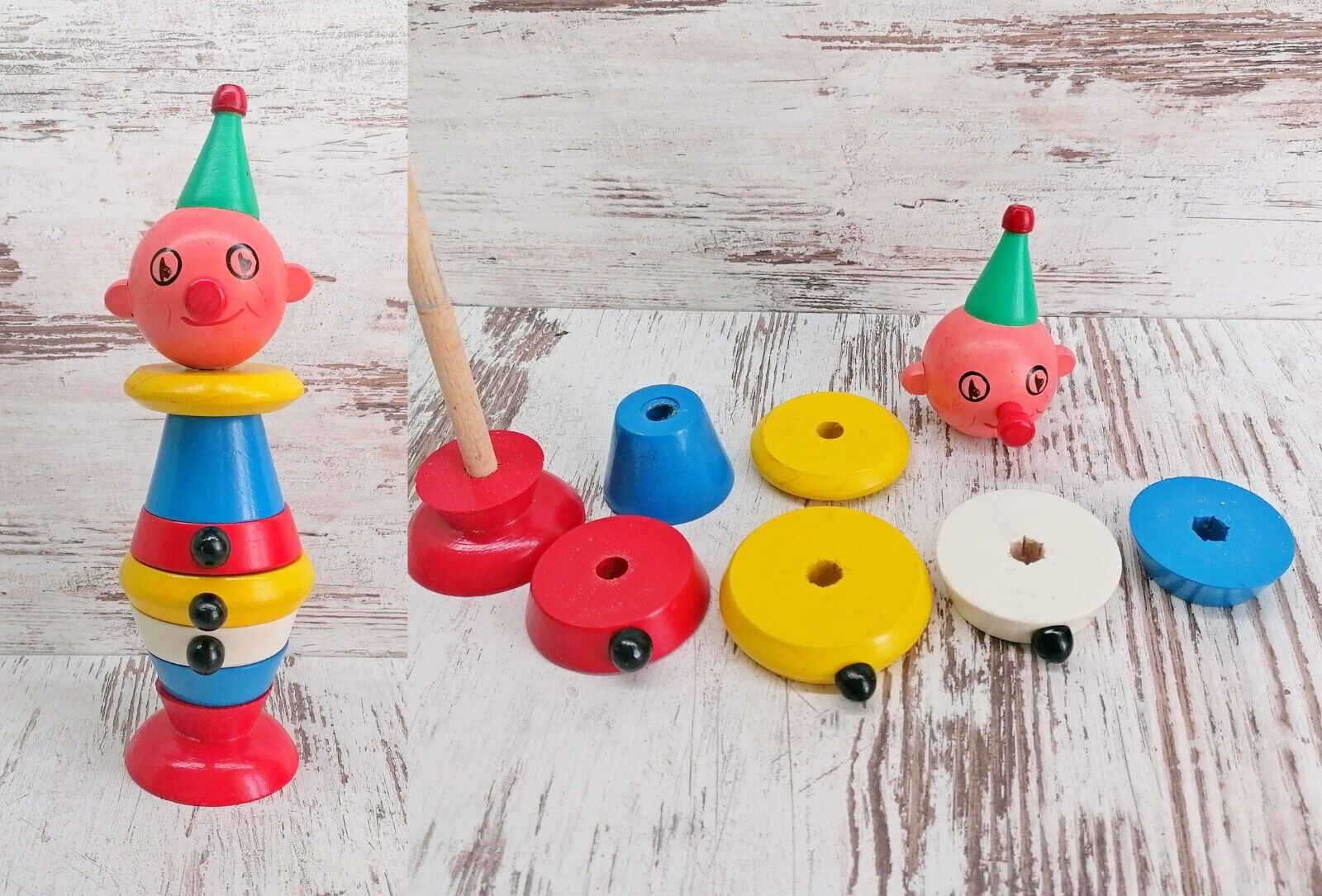 Vintage Wooden Stacking Clown Toy — Colourful Puzzle Figure, Logic & Motor Skills