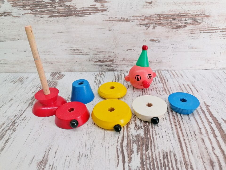 Vintage Wooden Stacking Clown Toy — Colourful Puzzle Figure, Logic & Motor Skills