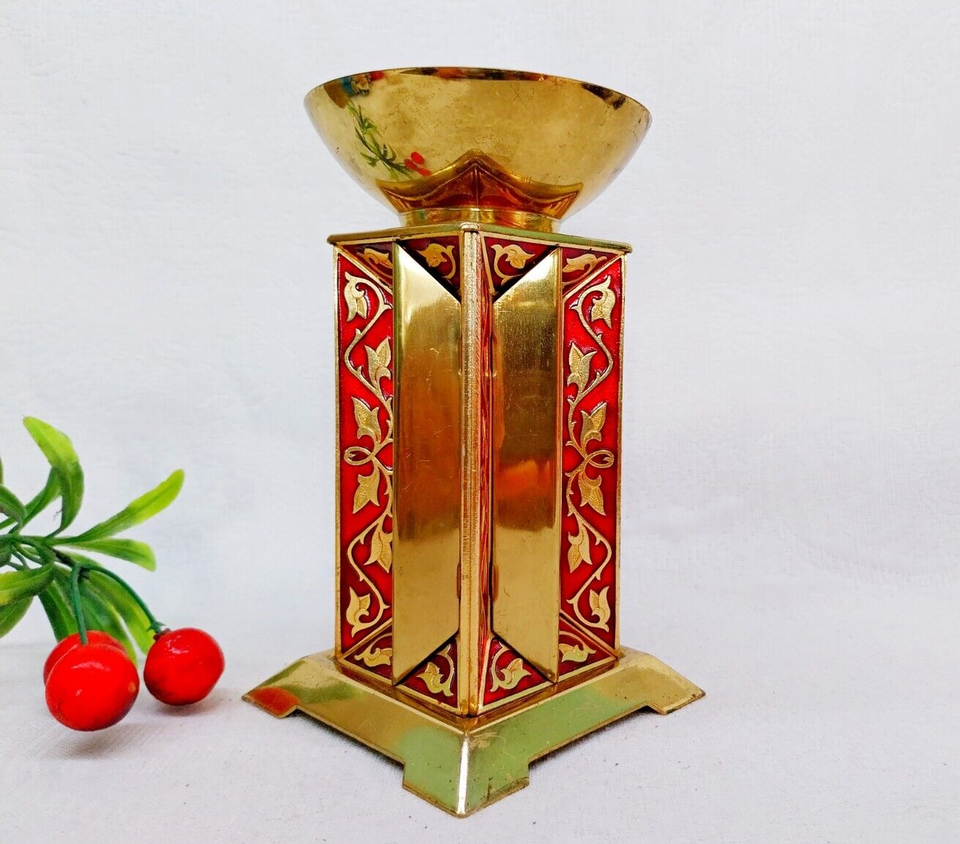 Soviet brass and enamel candleholder – side view