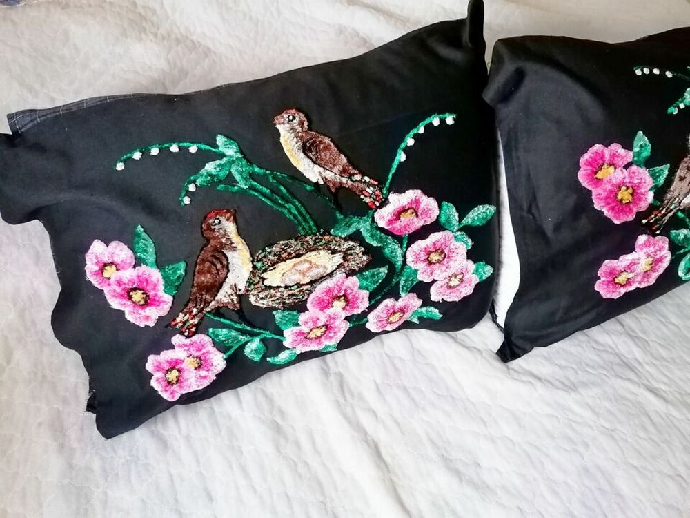 Two uniquely beautiful vintage pillowcases, Decorative pillowcases with handmade velvet decoration