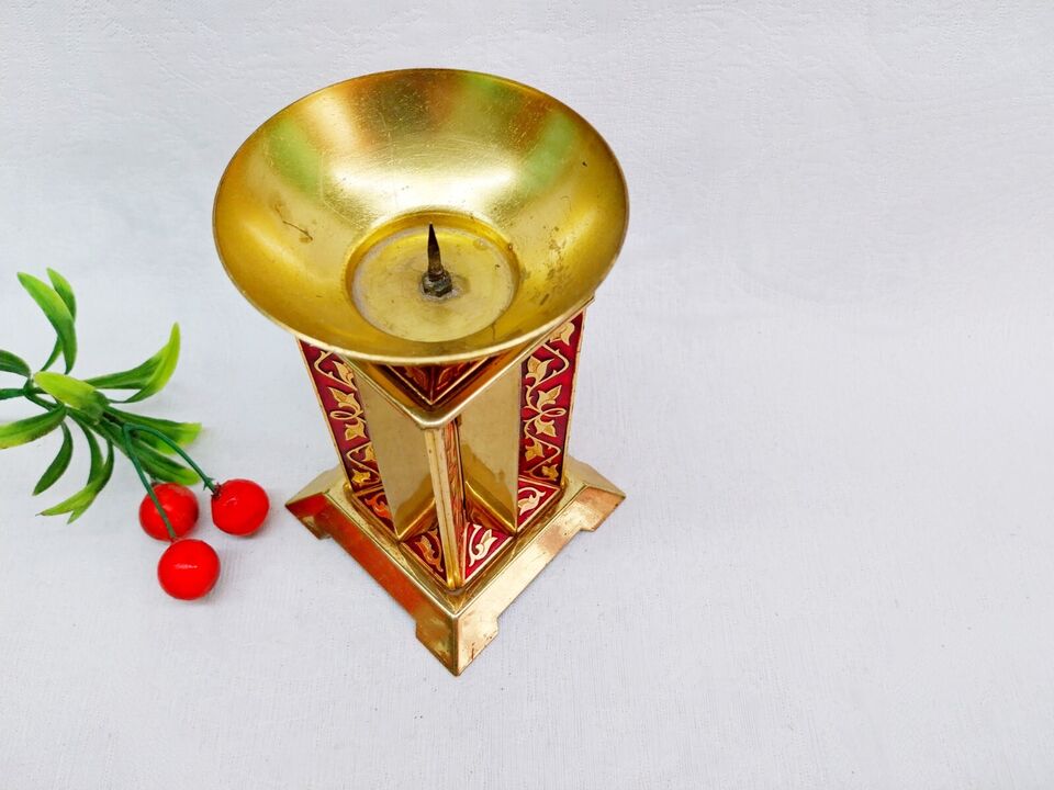 Soviet brass and enamel candleholder – front view