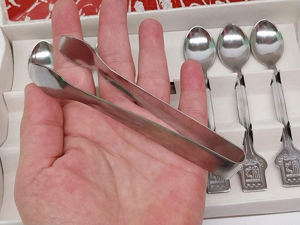 Bulgarian Chrome Coffee Spoons Set of 6 with Sugar Tongs in Box