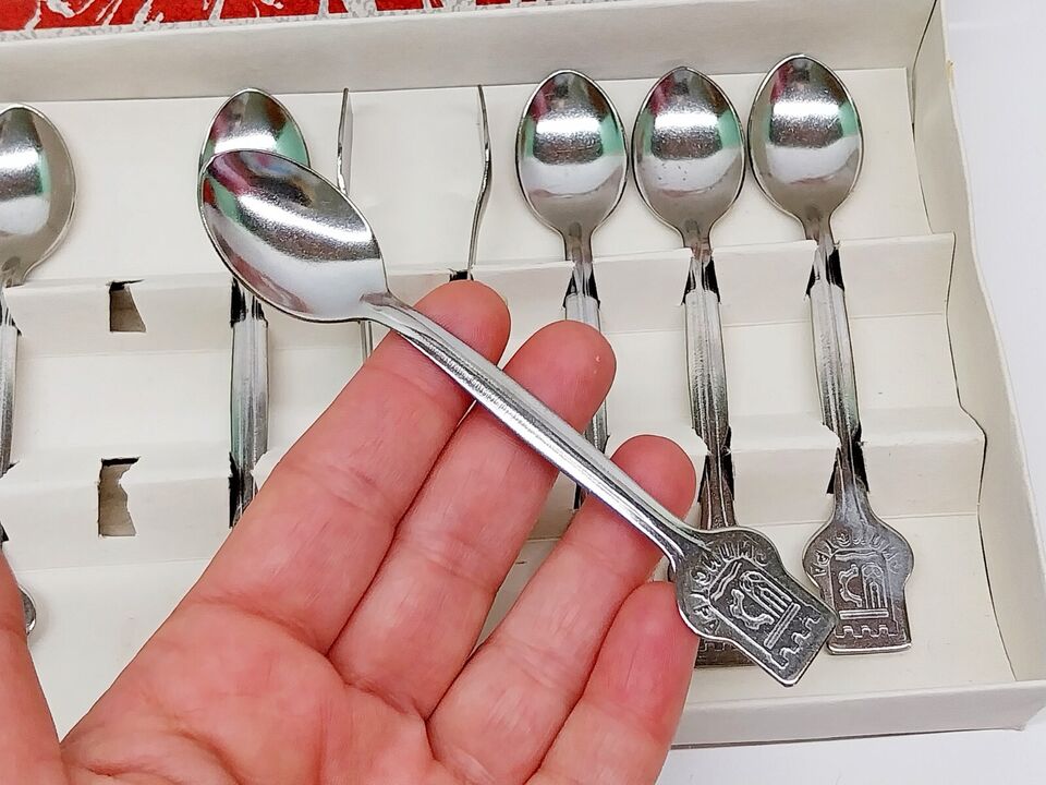 Bulgarian Chrome Coffee Spoons Set of 6 with Sugar Tongs in Box