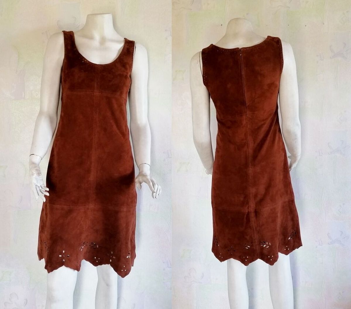 Vintage Real Suede Dress – Brown with Laser-Cut Hem