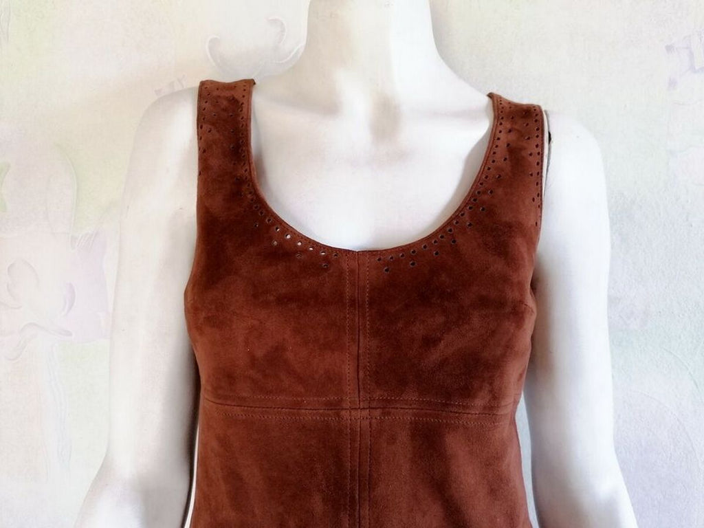 Vintage Real Suede Dress – Brown with Laser-Cut Hem