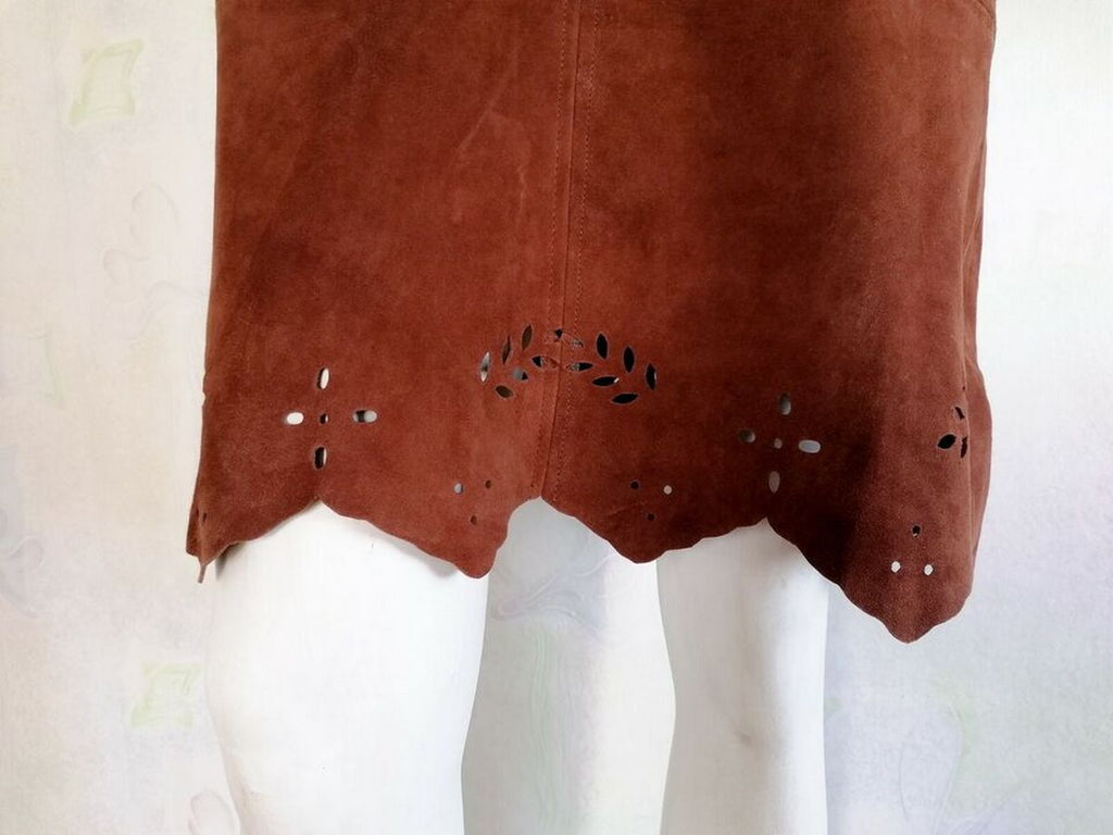 Vintage Real Suede Dress – Brown with Laser-Cut Hem