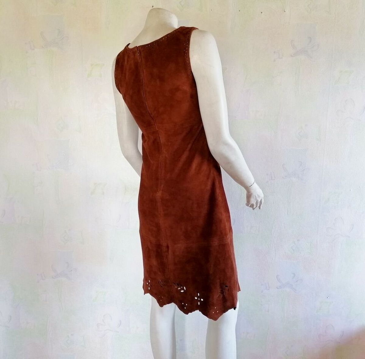Vintage Real Suede Dress – Brown with Laser-Cut Hem