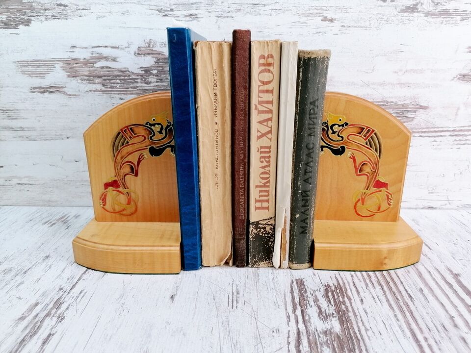 Vintage Scottish Wooden Bookends — Hand-painted Celtic Dragon, Pair