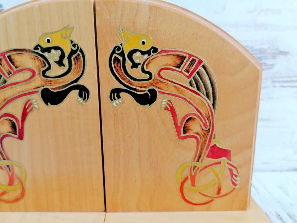 Vintage Scottish Wooden Bookends — Hand-painted Celtic Dragon, Pair