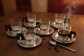 Set of 6 fireproof glass coffee cups and 6 aluminum saucers, from the USSR, 1980s