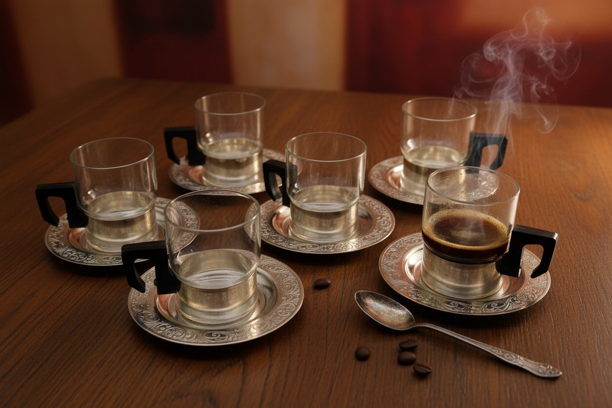 Set of 6 fireproof glass coffee cups and 6 aluminum saucers, from the USSR, 1980s