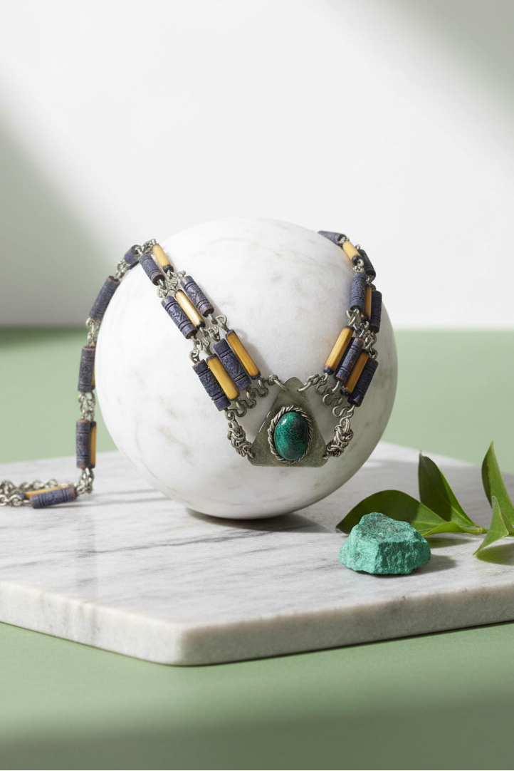Unique antique necklace with green malachite