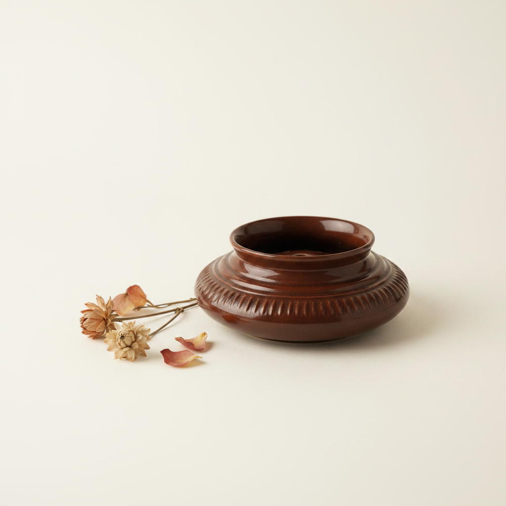 Vintage Glazed Ceramic Flower Frog — Dark Brown Ikebana Vase