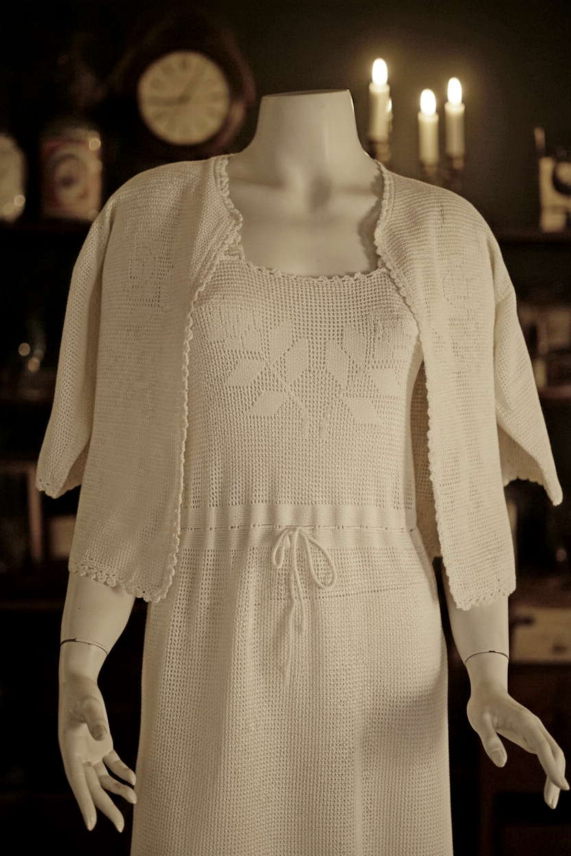Vintage Hand-Crocheted Dress & Cardigan Set – Cream White Open Weave