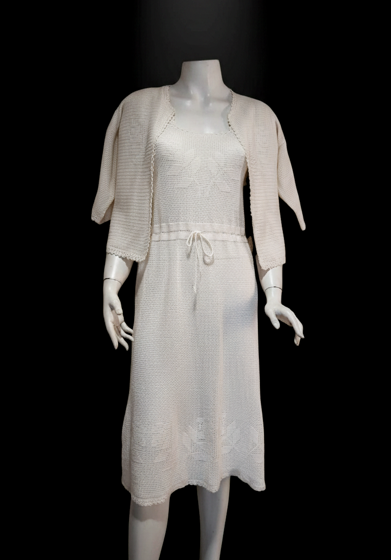 Vintage Hand-Crocheted Dress & Cardigan Set – Cream White Open Weave