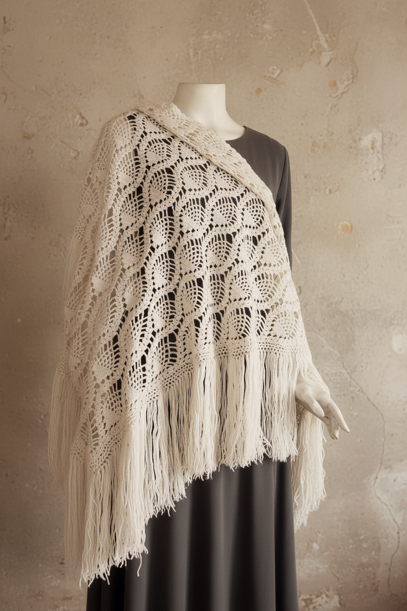 Vintage 1970s Handmade Crochet Shawl — White with long Fringe