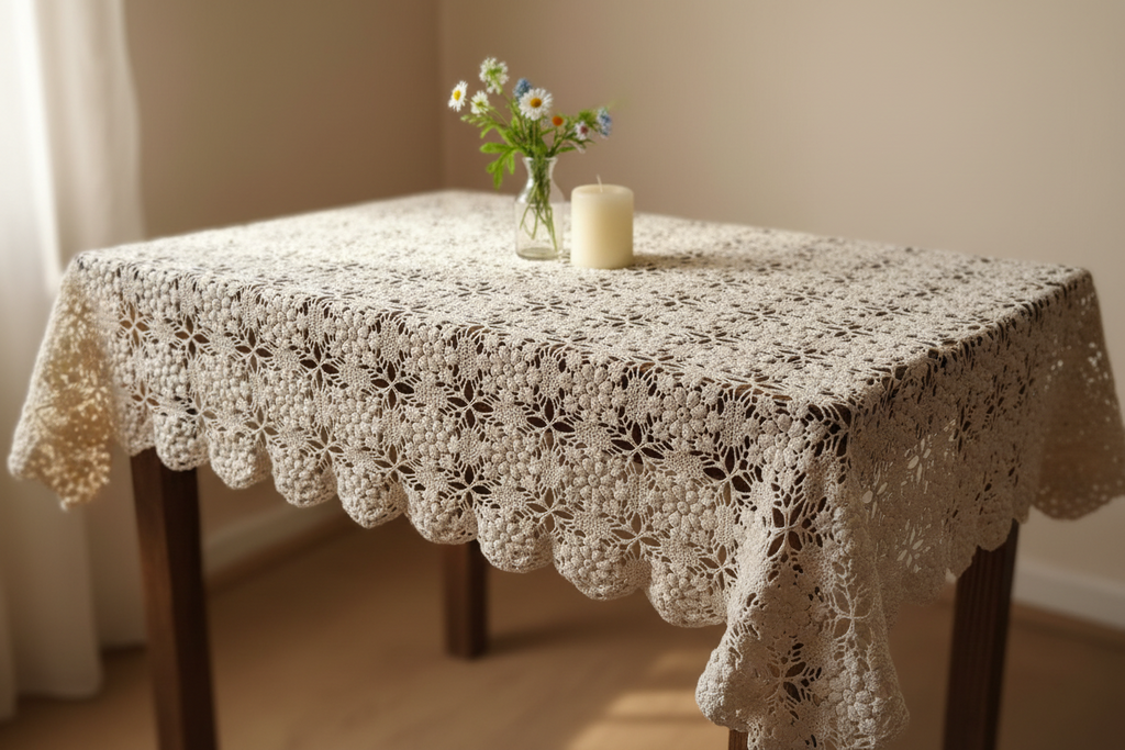 Vintage hand crocheted tablecloth, Off white rectangular tablecloth
