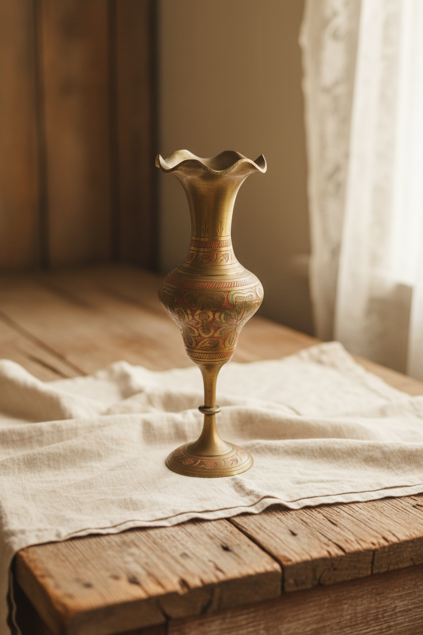 Vintage brass Indian vase, Hand engraved and hand painted brass vase