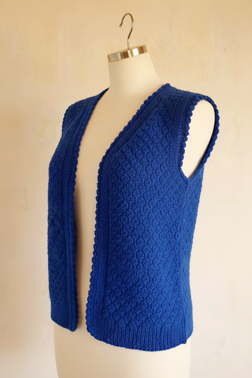 Vintage Hand-Knitted Wool Vest – Cobalt Blue Open Front