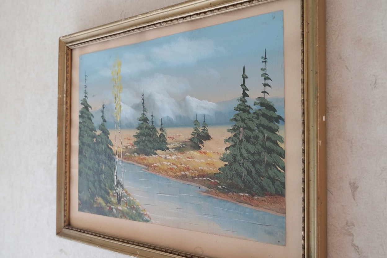 Vintage Oil Painting — Autumn Mountain Landscape with River