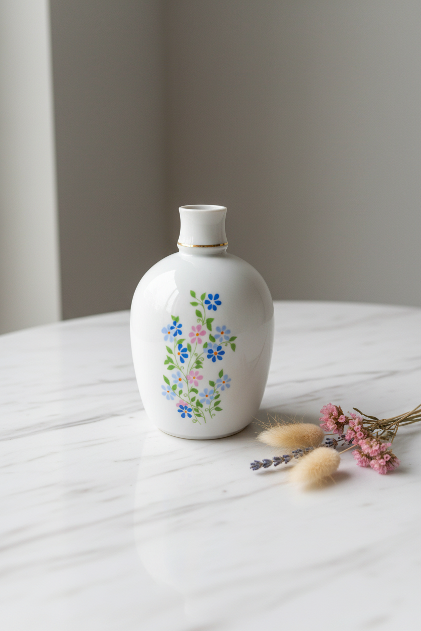 Vintage Porcelain Vase — Hand-Painted Flowers & Gold Rim