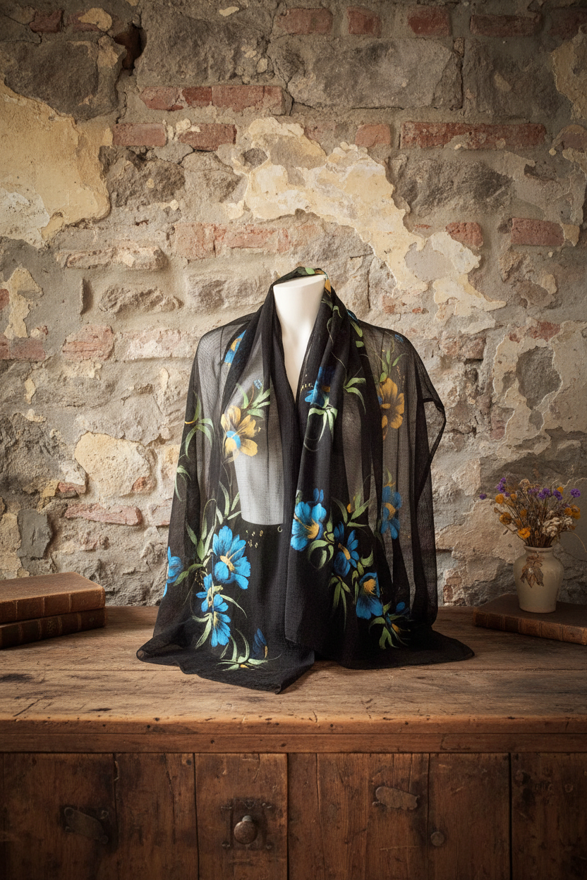 Vintage Hand-Painted Airy Scarf with Floral Design