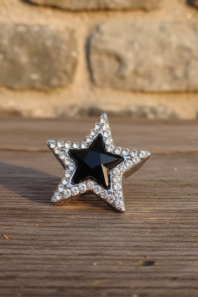 Vintage Star Ring with Black Stone and Crystal Rhinestones