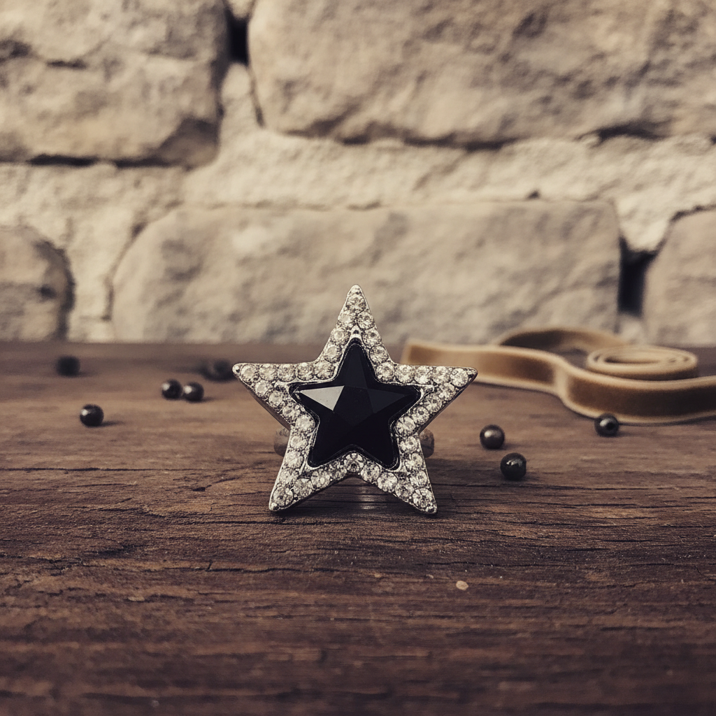 Vintage Star Ring with Black Stone and Crystal Rhinestones