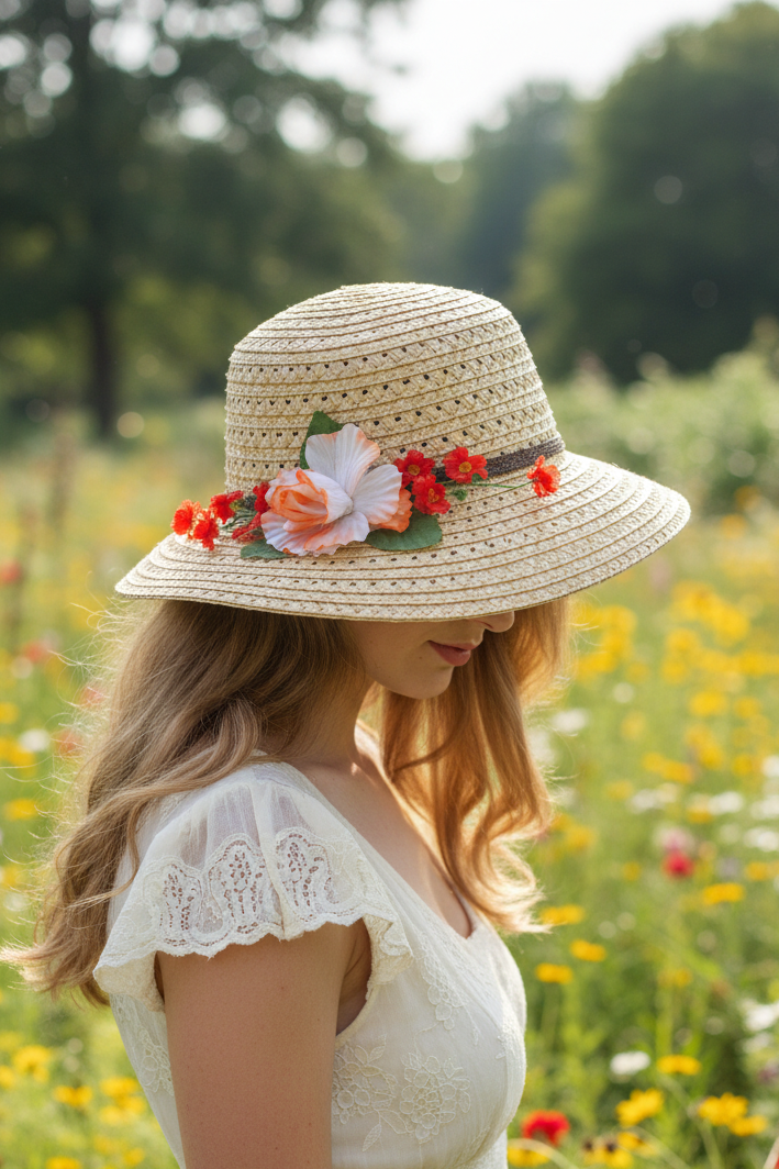Vintage women's straw hat with flowers