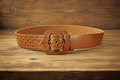 Vintage Tooled Leather Belt with Cutout Pattern and Leather Buckle