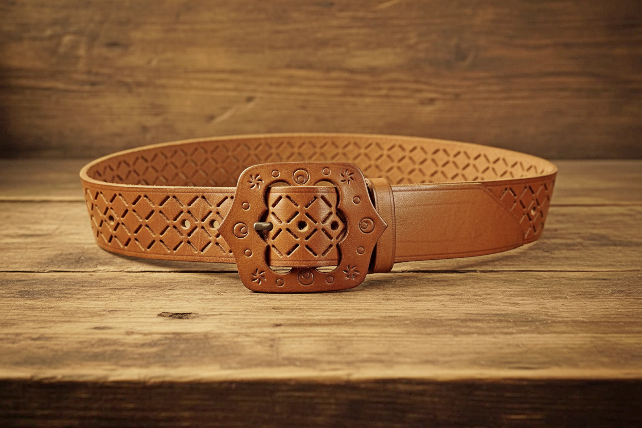Vintage Tooled Leather Belt with Cutout Pattern and Leather Buckle