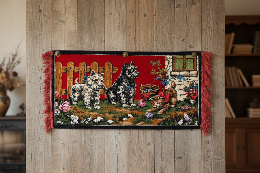 Vintage plush wall rug with puppies and kitten, 70s