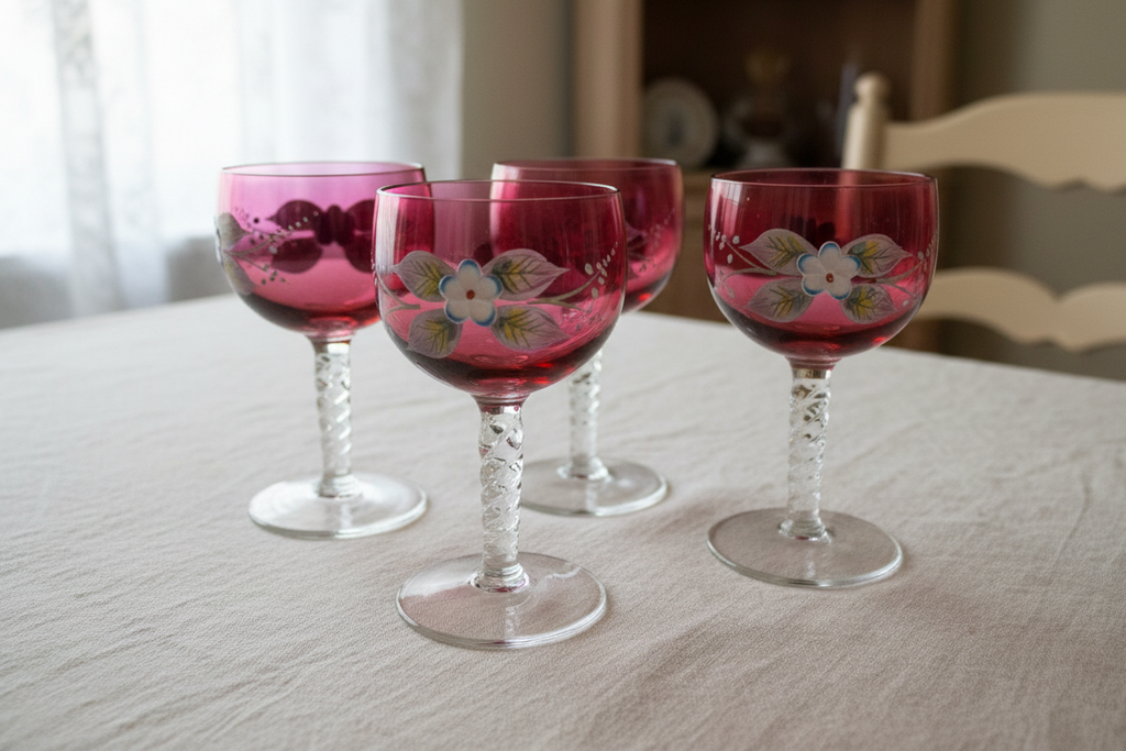 Vintage set of 4 Wine glasses with hand painted flowers