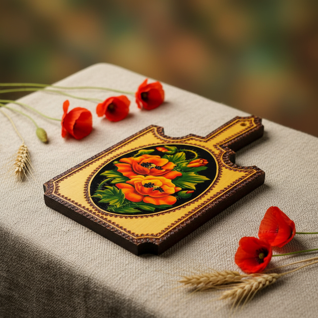 Vintage wooden cutting board from the USSR, hand-painted with poppies