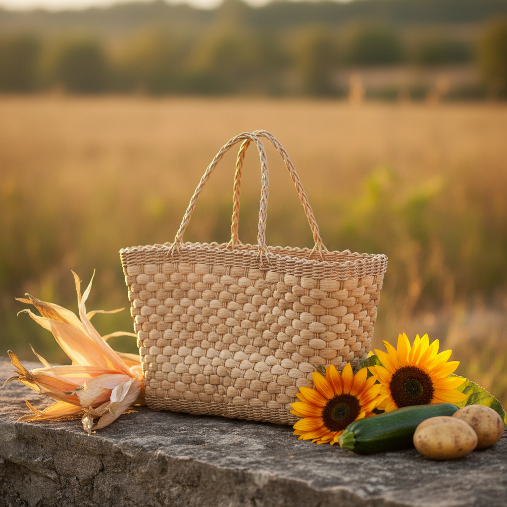 Vintage woven corn leaf bag, Handmade basket made of dried corn leaves