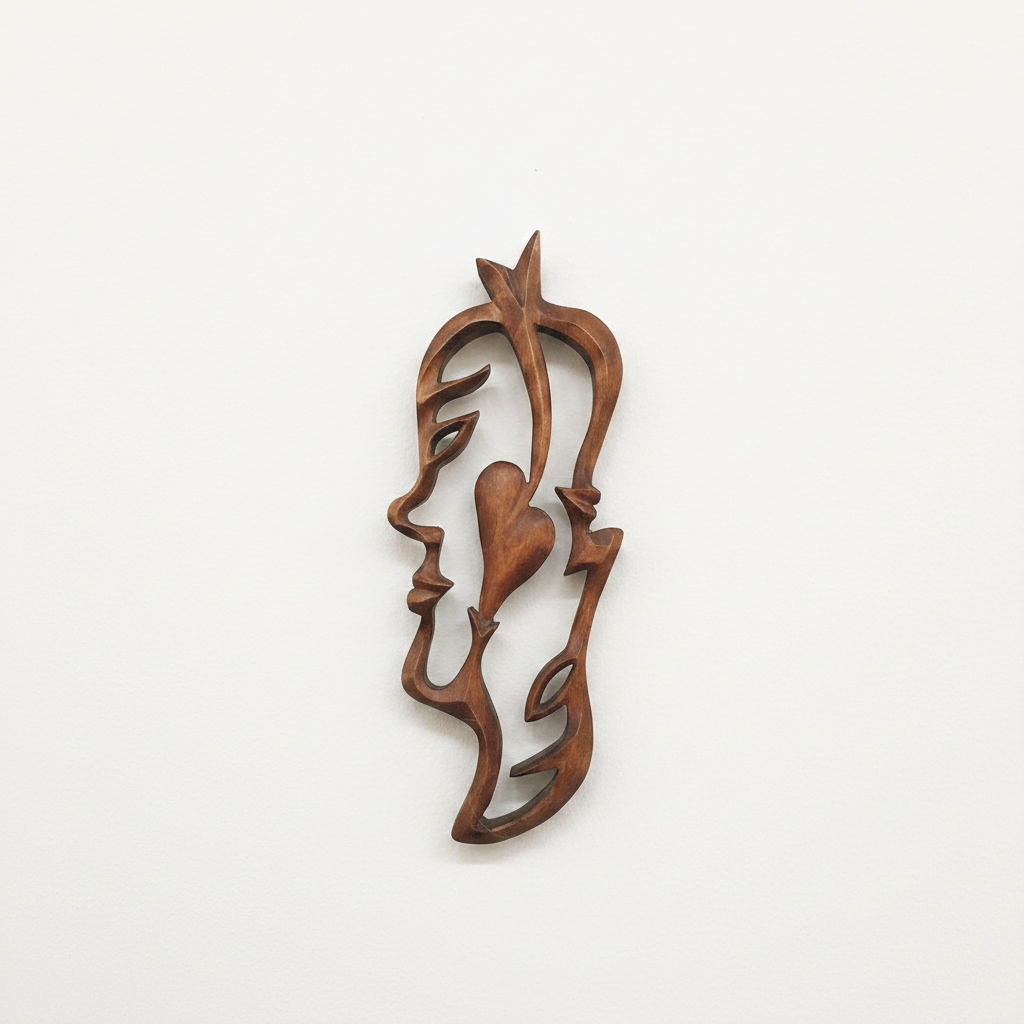 Vintage Hand-Carved Wooden Sculpture – Two Faces & Heart