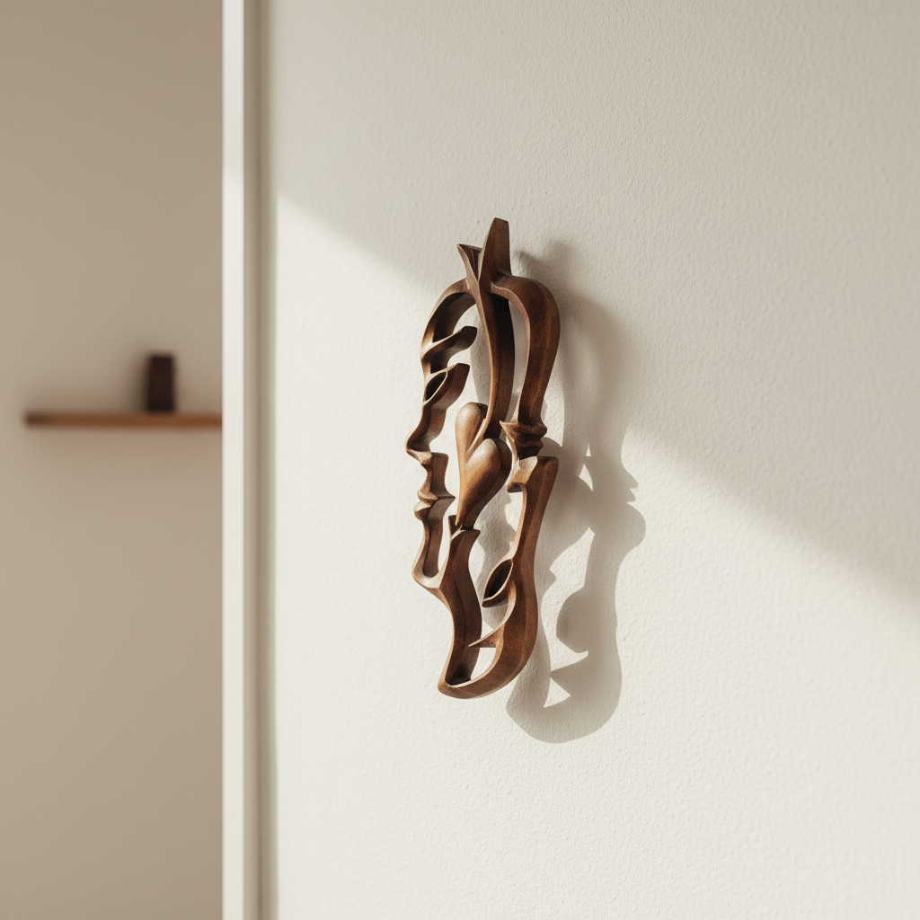 Vintage Hand-Carved Wooden Sculpture – Two Faces & Heart